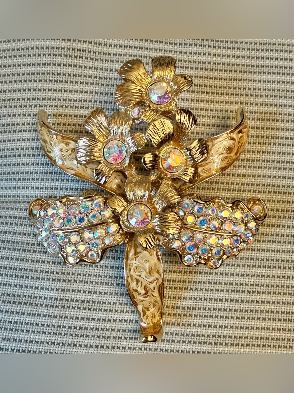 St. John Orchid Floral Aurora Borealis Rhinestone Enamel Goldtone Vintage Brooch